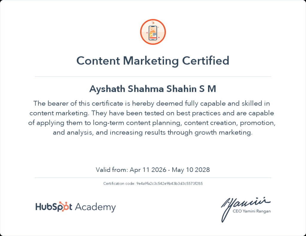 Digital Marketing Hubspot Certification – Freelance Digital Marketing expert in Kasaragod Kerala