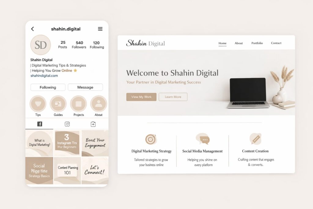 Personal branding example showing Shahin Digital website and social media marketing presence