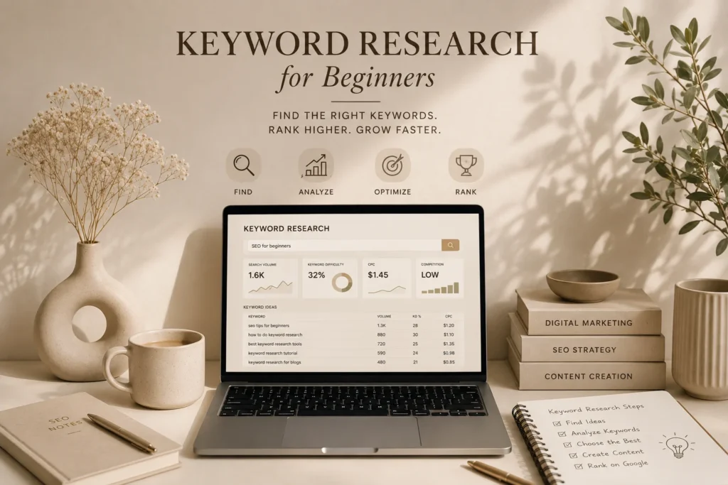 Minimal aesthetic workspace setup for keyword research for beginners with laptop, SEO dashboard, and warm beige minimalist decor.