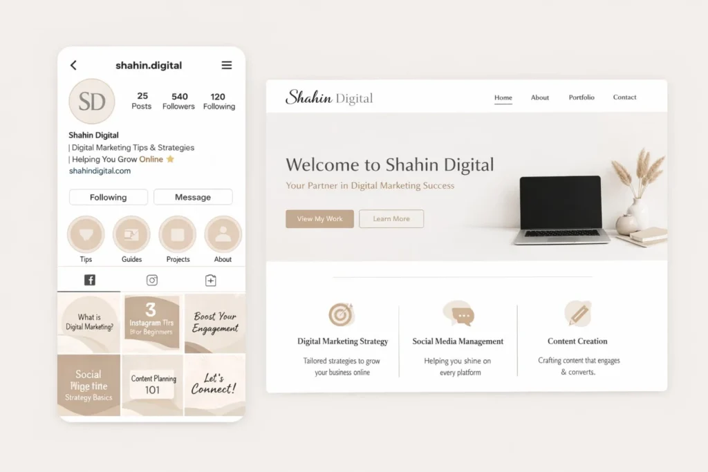 Personal branding example showing Shahin Digital website and social media marketing presence