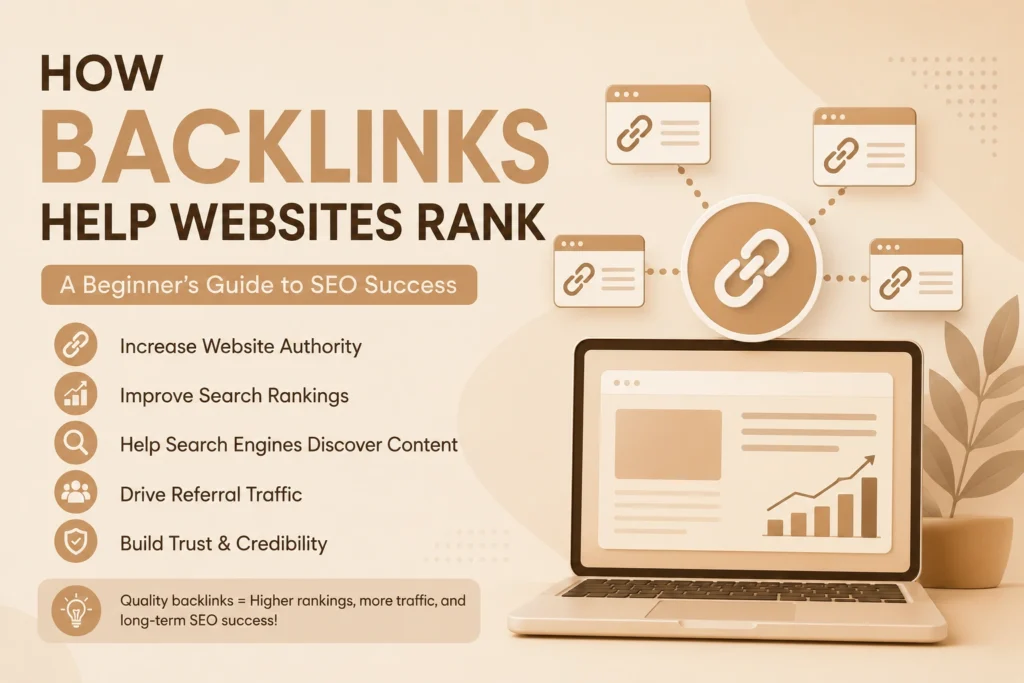 Illustration showing how backlinks help websites rank higher in Google search results.