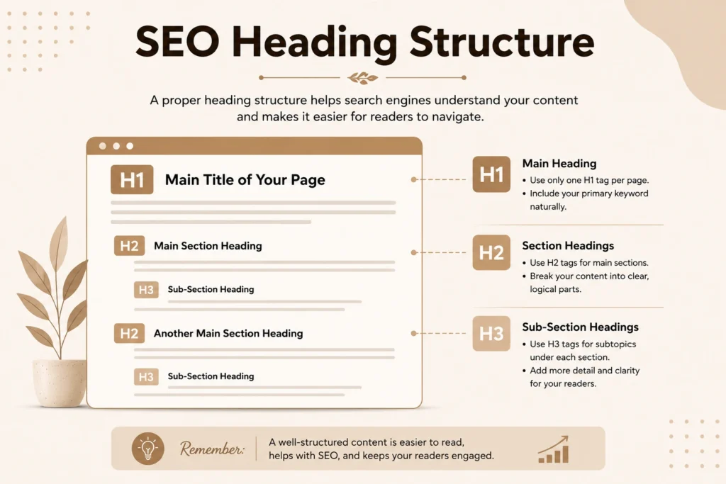 on-page SEO checklist: heading structure example using H1 H2 and H3 tags