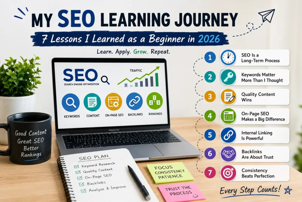 SEO Learning Journey showing keyword research, content creation, rankings, backlinks, and website growth.