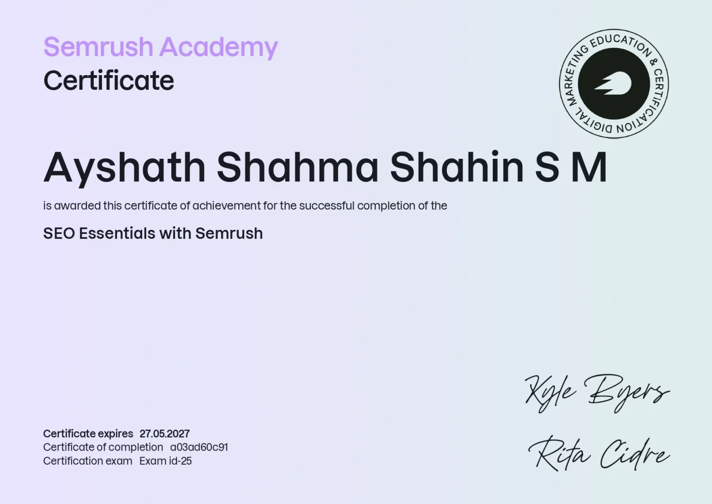 SEMrush SEO Toolkit Certification –best Freelance Digital Marketer in Kasaragod Kerala